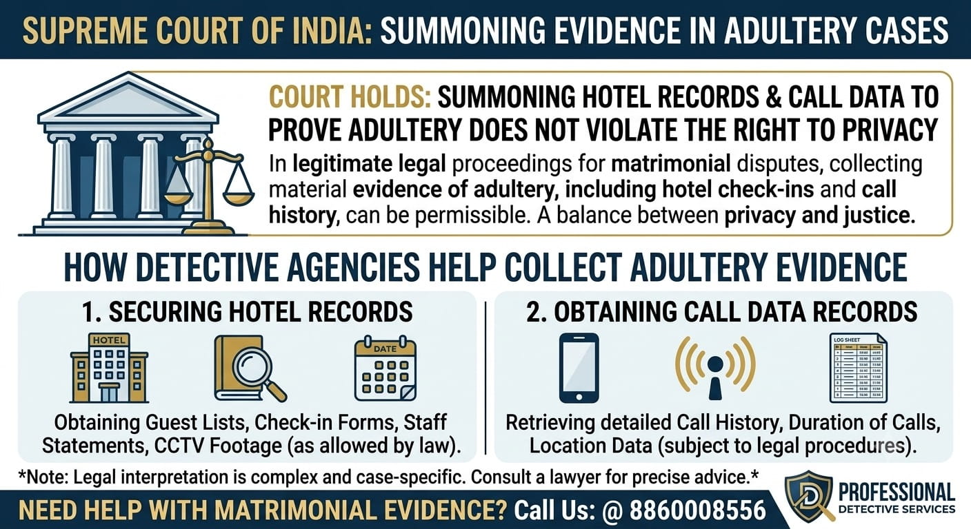 Read more about the article Supreme Court: Summoning Hotel Records and Call Data to Prove Adultery Does Not Violate the Right to Privacy – How Detective Agencies Help Collect Adultery Evidence